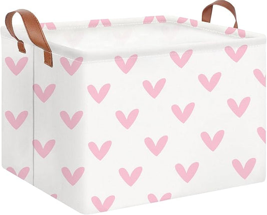 Rectangle Pink Valentine Gift Basket Empty with Handles for Kids,Cute Organizer Toy Bin,Gift Basket for Girls/Kids(Pink Lovely Heart)