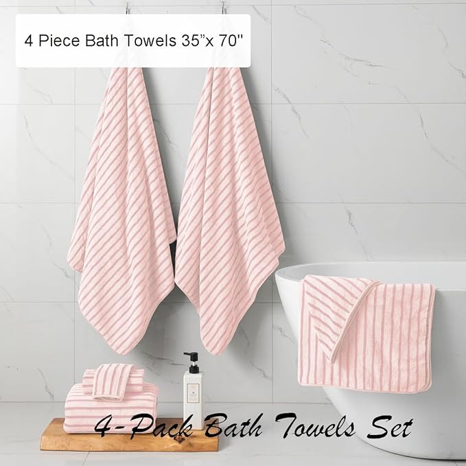 4 Piece Pink Cabana Stripe Large Bath Towels 35"x70" Oversized Bath Sheet Super Soft Breathable Jumbo Bathroom Towels Highly Absorbent Shower Towel Quick Dry Beach Chair Towel Spa Gym Hotel Towel Set