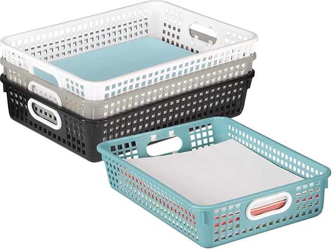 Really Good Stuff Plastic Desktop Paper Storage Baskets for Classroom or Home Use – Mesh Bins, 14.25” x 10” – (Set of 4), School Organization Supplies