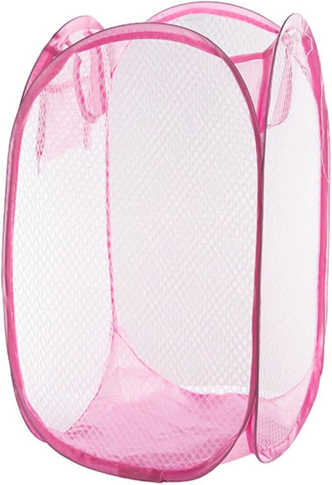 Pop-up Laundry Hamper Foldable Mesh Dirty Clothes Basket with Side Pocket for College and Spaces Pink