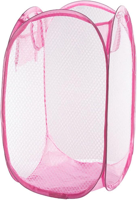 Pop-up Laundry Hamper Foldable Mesh Dirty Clothes Basket with Side Pocket for College and Spaces Pink