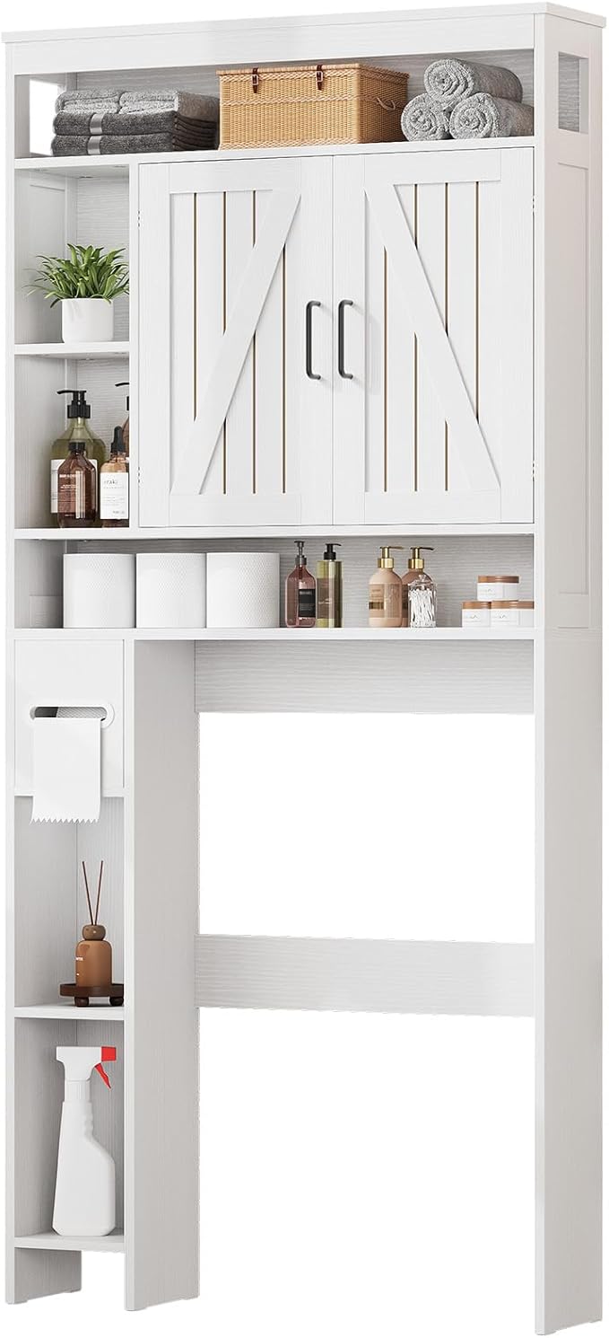 Over The Toilet Storage Cabinet, Farmhouse Storage Cabinet Over Toilet with 2 Barn Door & Toilet Paper Holder Stand, Freestanding Space-Saving Toilet Storage Rack for Bathroom Laundry, White