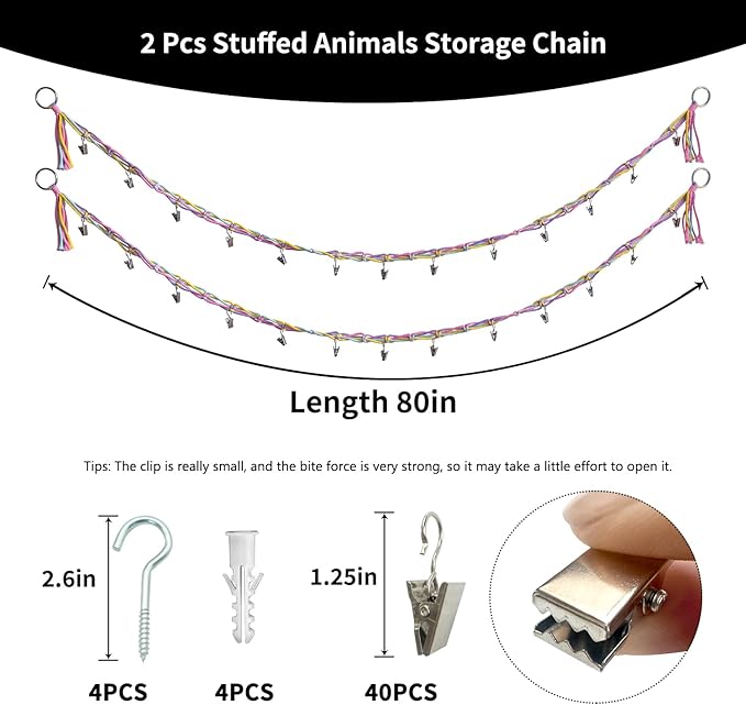 2 Pcs 80” Cotton Hanging Storage Chains for Stuffed Animal, Each Boho Display Chain Comes with 20 Metal Clips, Nursery Hanging Storage Organizer for Wall or Corner Nursery playroom (Colorful)