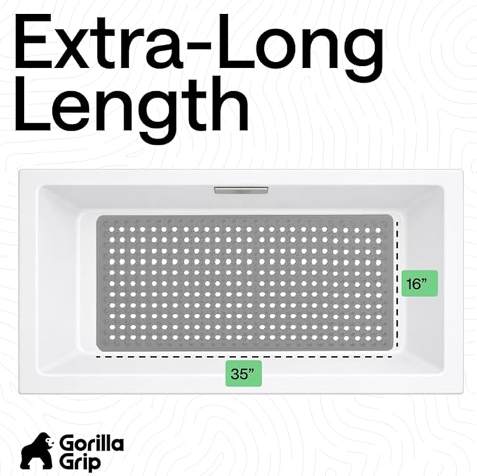 GORILLA GRIP Patented Bath Tub Shower Mat, Machine Washable Bathtub Floor Liner Mats, Suction Cups and Drain Holes to Keep Tubs Clean, Soft on Feet, Bathroom Essentials, 35x16 Inch, Gray Opaque