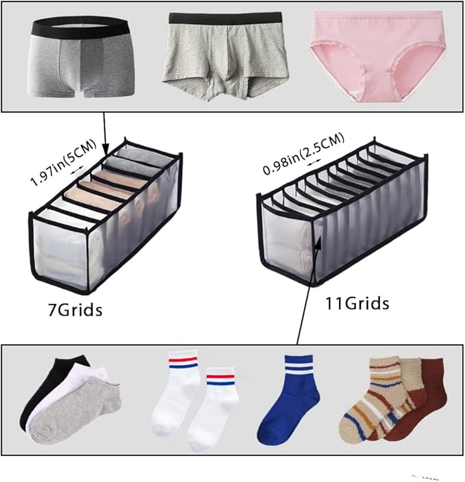 HSLFUAI Pack of 3 Mesh Drawer Organizer Underwear Drawer Organizer Socks Compartment Storage Mesh Clothing Sorting Drawer Divider Organizer(7Grids+7Grids+11Grids Gray)