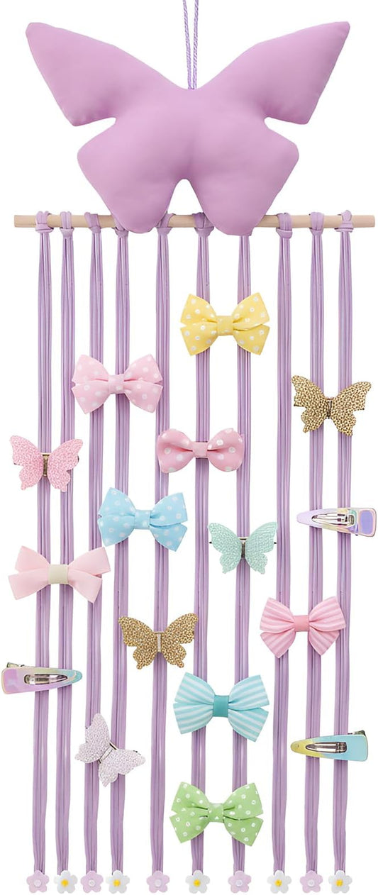 Long Bow Holder for Girls Baby Pink Purple Butterfly Hair Bows Clip Organizer 31.5 Inch Baby Hair Accessories Storage Display Hanging Decor for Girls Nursery Room Bedroom Living Room