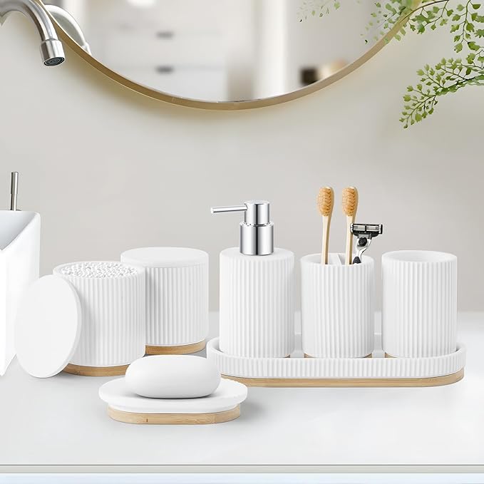 7PCS Bathroom Accessories Set, with Soap Dispenser, Q-tip Holder, Toothbrush Holder, Tumbler, Soap Dish, Vanity Tray, Bathroom Set Complete Organizer Countertop for Modern Decor, White