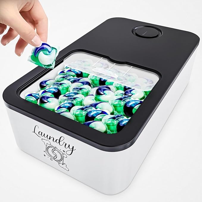 Skywin Laundry Pod Container with Slide Lid, 15 x 8.7 x 4.5 In, Holds 11 Pounds OR 120-150 Pods, Black with Print