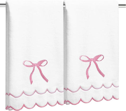 2 Pcs Coquette Bow Hand Towels 15.75 x 27.56 Inch Scalloped Embroidered Dish Towel 100% Cotton Cute Preppy Decorative Bath Hand Towel for Kitchen Bathroom (Pink)