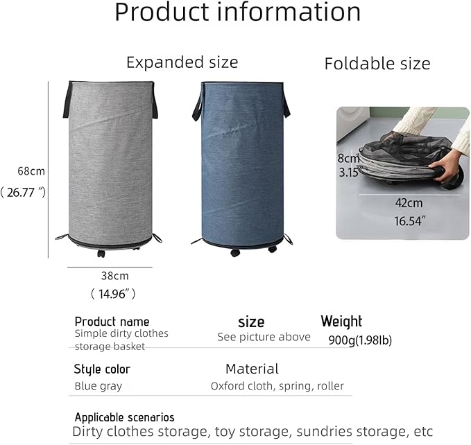 Large Laundry Basket，Waterproof, Freestanding Laundry Hamper, laundry baskets on wheels，Collapsible Tall Clothes Hamper with Extended Handles for Clothes Toys in the Dorm and Family-(72L) (grey)