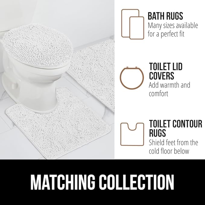 GORILLA GRIP Plush Absorbent Shaggy Chenille Bath Rug Mat for Square Toilet Base with Rubber Backing, Machine Washable Rugs, Soft Microfiber Contour Mats for Toilets, Bathroom Decor, White