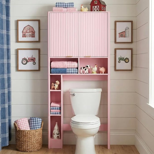 31" W Over The Toilet Storage Cabinet with Fluted Door, Pink Bathroom Organizer with Adjustable Shelf, Toilet Paper Holder Stand Wave Door for Restroom, Laundry Room