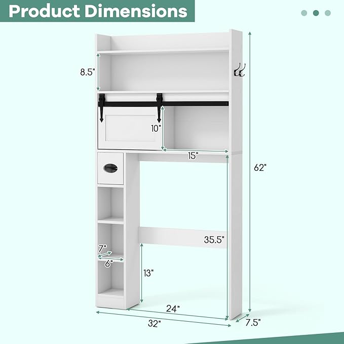 Tangkula Over The Toilet Storage Cabinet, Farmhouse Freestanding Above Toilet Rack w/Sliding Barn Door, Adjustable Shelves, Toilet Paper Holder, 2 Hooks, Bathroom Space Saver (Retro, White)