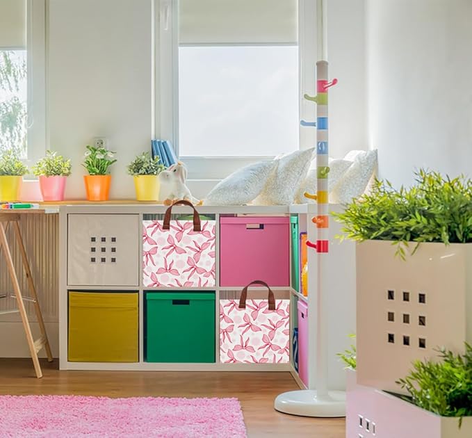 Rectangular Storage Basket Empty,Toys Storage Bin with Handles,Baby Room Decor,Gift Basket,Book Box(Pink Bowknot)