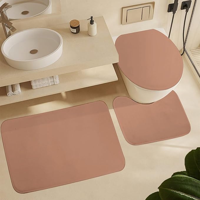3 Pieces Bath Rug Sets, Terracotta Trend Color Bathroom Mat Set Non Slip U Shaped Contour Rug & Toilet Lid Cover