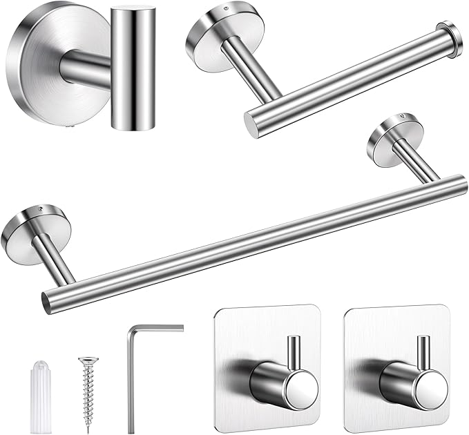 5 Piece Bathroom Accessories Set, Bathroom Hardware Set, Wall Mounted Thickened 304 Stainless Steel Towel Holder Sets, Includes 16" Towel Rod+Toilet Paper Holder+3 Multifunctional Hooks