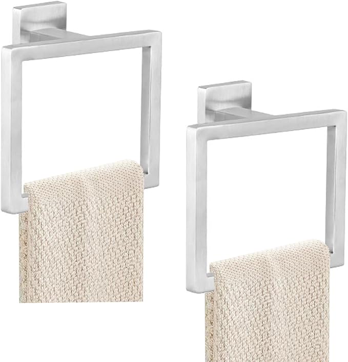 2-Piece Towel Ring - Thicken SUS 304 Stainless Steel Towel Holder, Towel Racks for Bathroom, Square Modern Design Hand Towel Holder, Contemporary Hand Towel Bar - Brushed Nickel