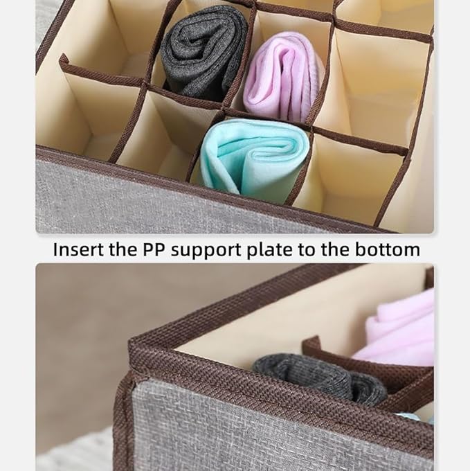 Sock Underwear Organizer Divider with Lid, 1+16 Cells Drawer Fabric Foldable Cabinet Closet Storage Boxes for Storing Socks, Underwear, Ties (Beige)