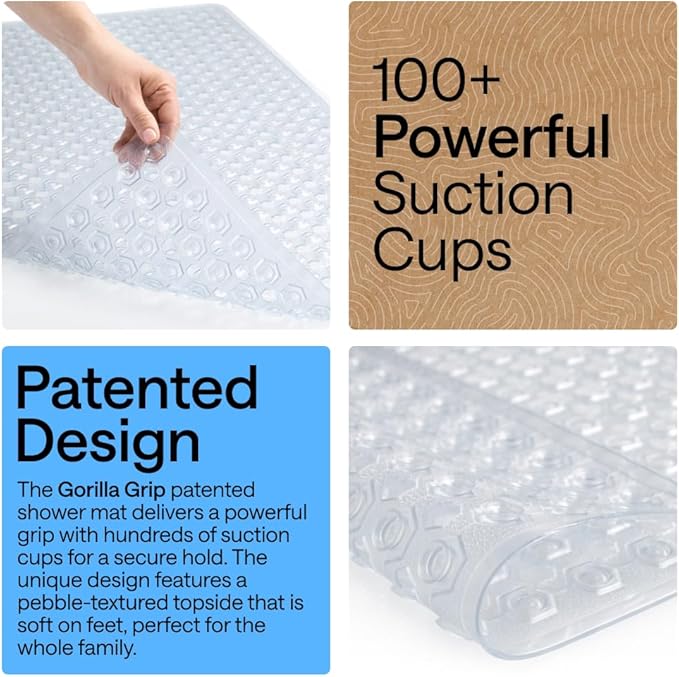 GORILLA GRIP Patented Square Shower Stall Mat, Small Bathtub Floor Mats for Stand Up Showers, Suction Cups and Drainage Holes, Machine Wash, Soft on Feet, Bathroom Accessories 21x21 Inch, 2 Pack Clear