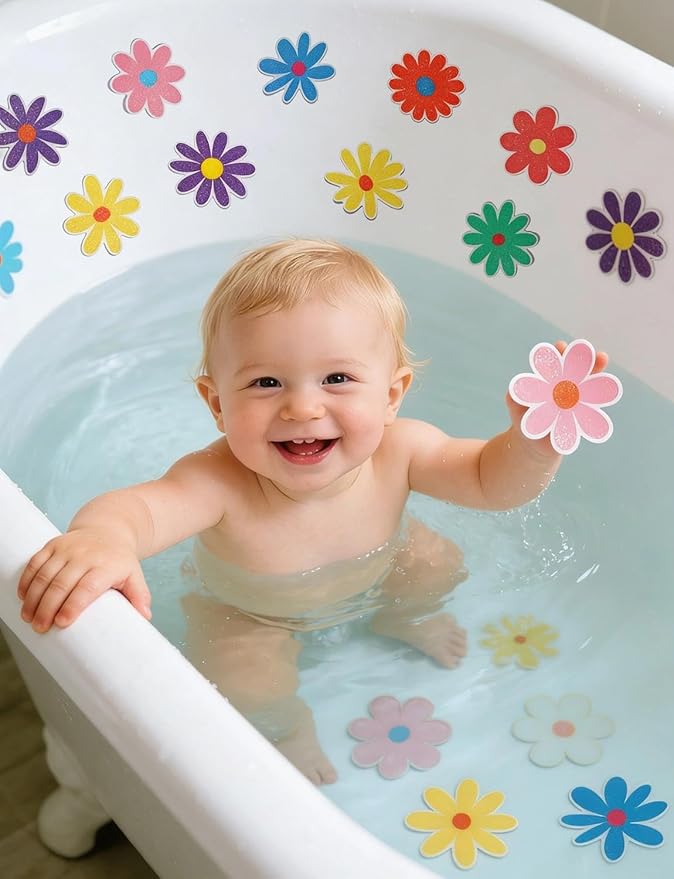 26Pcs Non Slip Bathtub Stickers, Colorful Flower Stickers with Scraper, Anti Slip Bath Tub Shower Decal with Adhesive Back for Bathroom, Shower Stairs
