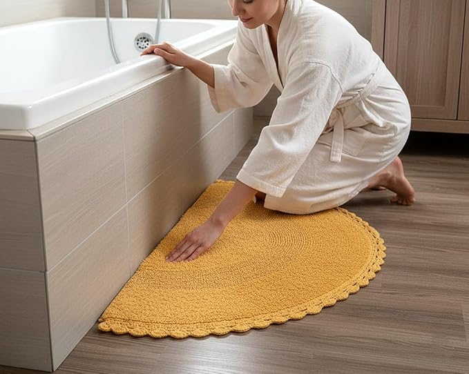 Half Circle Bohemian Bathroom Rug with Handwoven Chrochet Border, Beautifully Handcrafted 100% Cotton Mat - 22x42", Round Boho Bedroom Rug, Boho Bathroom Décor, Machine Washable - Honey Mustard