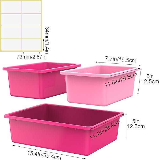 Zonon 12 Pcs Plastic Cubby Bins Office Storage Container Storage Bins Plastic Organization with 1 Pack Self Adhesive Label for Library Office Home Nursery(Pink/magenta)