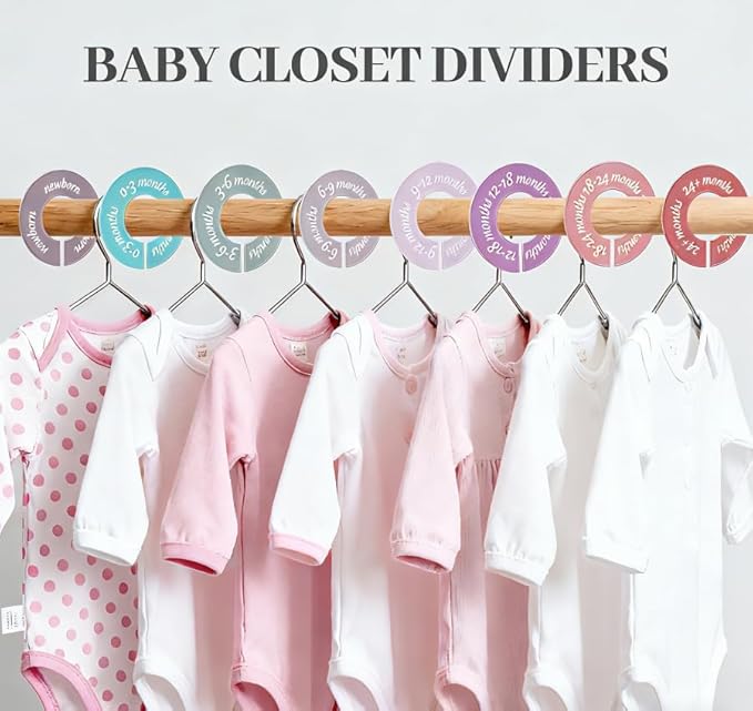 8 Pcs Baby Closet Dividers, Neutral Baby Clothes Organizer for Newborn to 24 Months, Baby Nursery Decor Clothes Hanger Dividers, Clear Labels for Easy Sorting, Fits Most Rods