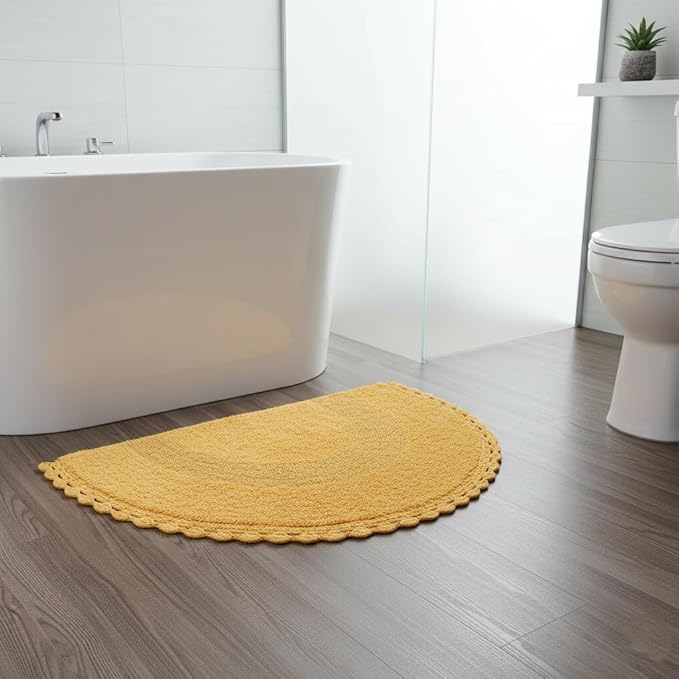 Half Circle Bohemian Bathroom Rug with Handwoven Chrochet Border, Beautifully Handcrafted 100% Cotton Mat - 22x42", Round Boho Bedroom Rug, Boho Bathroom Décor, Machine Washable - Honey Mustard