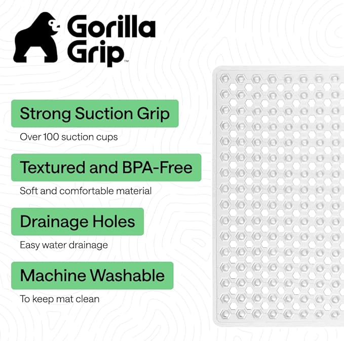 GORILLA GRIP Patented Square Shower Stall Mat, Small Bathtub Floor Mats for Stand Up Showers, Suction Cups and Drainage Holes, Machine Wash, Soft on Feet, Bathroom Accessories 21x21 Inch, 2 Pack Clear