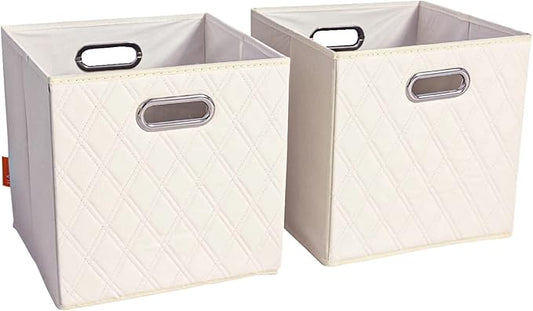 FH Group JIAessentials 12" Faux Leather Foldable Storage Cube Bins Set of 2 – Beige Diamond Patterned Organizers with Handles for Closet & Shelves