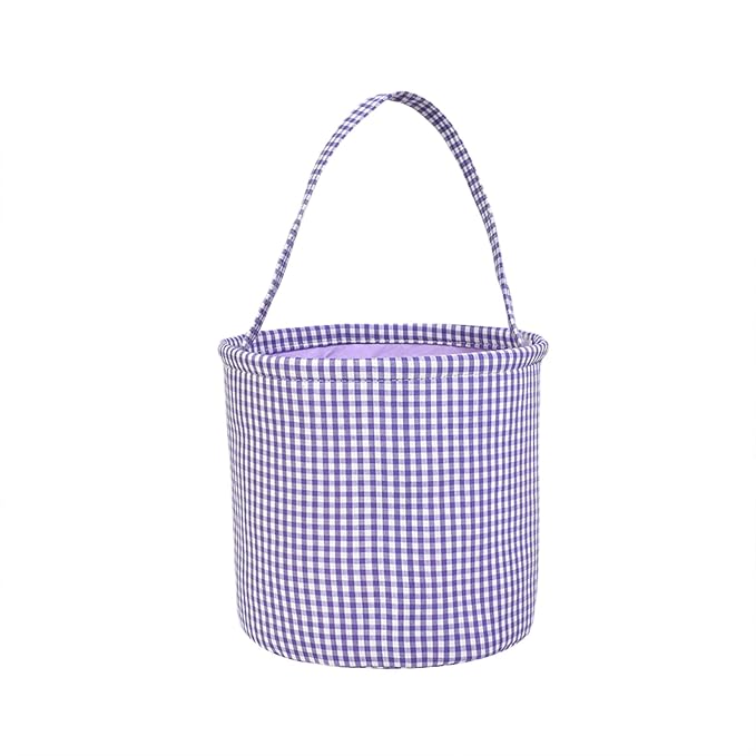 Plaid Easter Basket Stitch Easter Bag for Kids Colorful Cloth Baskets with Long Handle 9 Inch Spring Decorations (Purple)