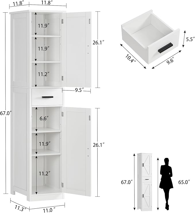WEENFON 67 Tall Bathroom Cabinet with 6 Shelves & 1 Drawer, Narrow Storage Cabinet with Adjustable Shelves, Silm Cabinet for Living Room, Kitchen, White