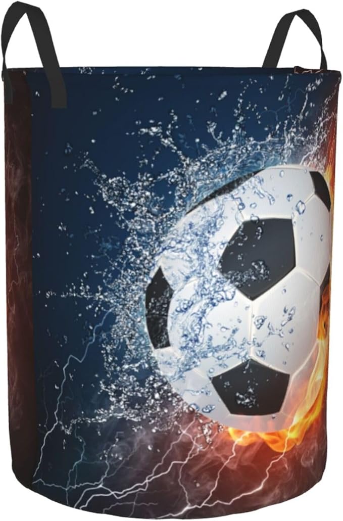 Soccer Ball In Fire And Water Round Laundry Hamper Sport Football Storage Basket Toys Clothes Organizer Bin For Home Bathroom Bedroom Dorm Nursery, 38l