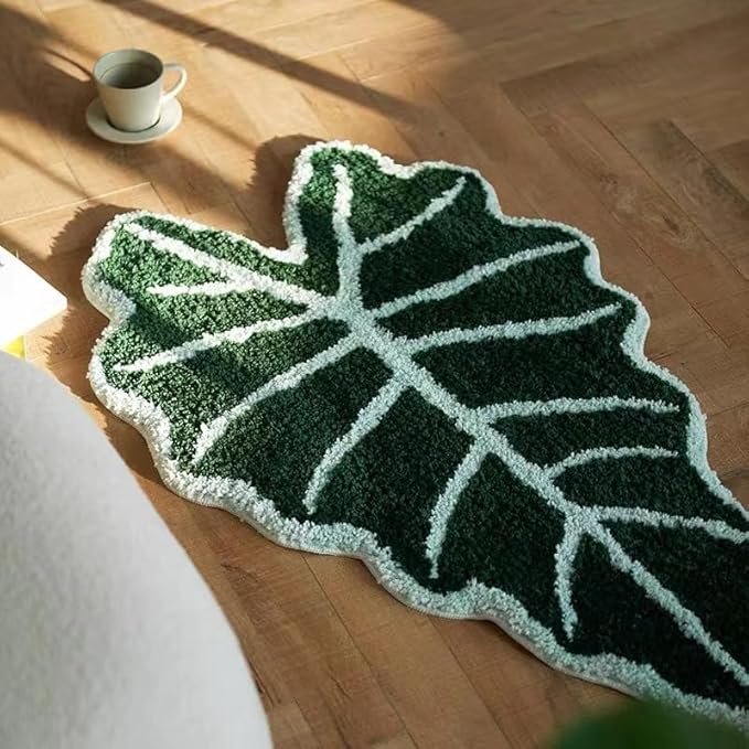 Green Leaf Bathroom Rugs-Tropical Leaves Shaped Bath Mat for Cute Bathroom Decor Alocasia Leaf Plant Rug for Boho Bedroom Washable Sage Green Shower Mat 20''x35.5''