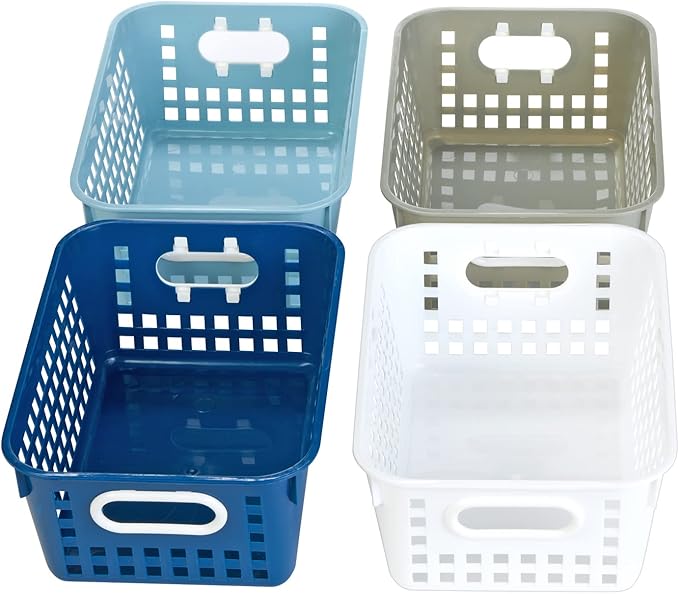 Really Good Stuff Medium Plastic Book Baskets, 11" x 7.5" x 4.5", 4 Pack, Cool & Calm Group Colors, Versatile Storage Solution for Classroom, Home, and Office, Toy Storage, Multi-Purpose
