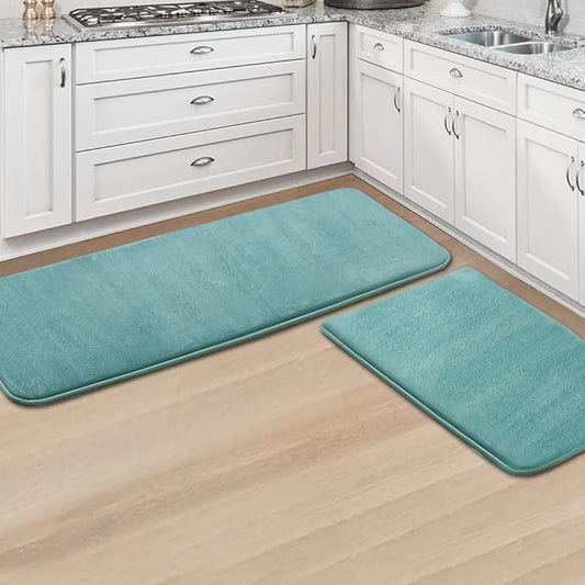 H.VERSAILTEX Kitchen Mat 2 PCS Non Slip Memory Foam Flannel Velvety Kitchen Runner Rug Set for Floor Standing Rugs (47" x 17" + 24" x 17", Eggshell Blue)