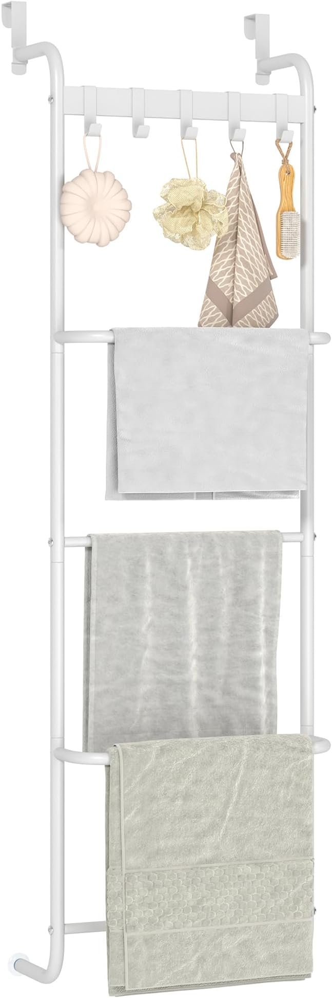 5 Tier Over The Door Towel Racks for Bathroom Wet Towel Drying Rack Clothing Storage Holder with Hooks (White, 5 Tier)