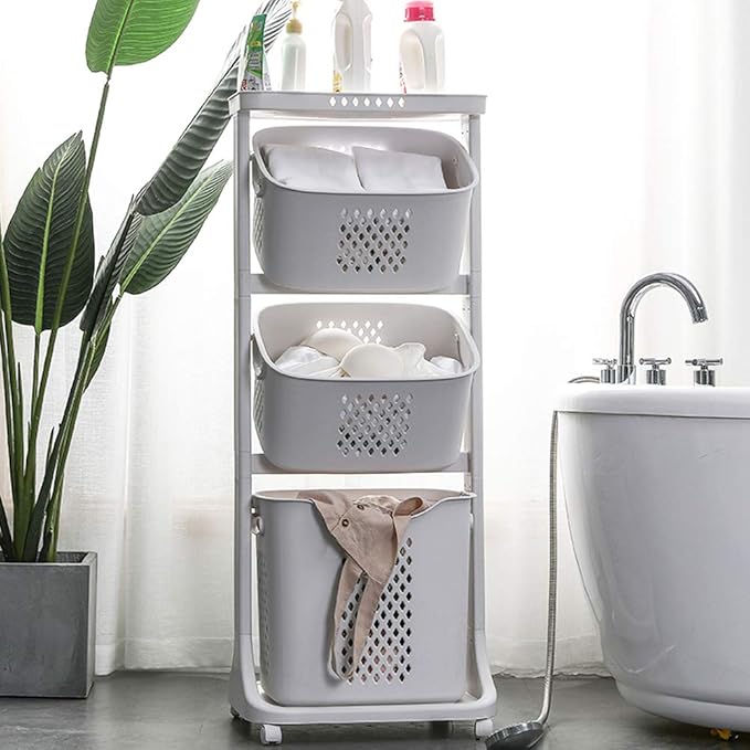 Manskskim Bathroom Laundry Basket 3 Layer Clothes Storage Basket Household Kitchen Shelf Fruit Stand Bathroom Simple Storage Shelf with Wheels