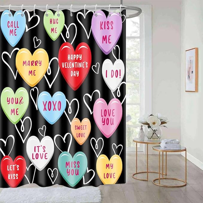 Happy Valentine Day Cute 36x72 Shower Curtain for Girls Love Me Kiss Me Red Black Love Hearts Romantic Shower Curtain Set Decor Bathroom Accessories Fabric Polyester Kid Bath Curtain with Hooks