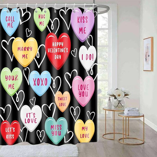 Happy Valentine Day Cute 60x72 Shower Curtain for Girls Love Me Kiss Me Red Black Love Hearts Romantic Shower Curtain Set Decor Bathroom Accessories Fabric Polyester Kid Bath Curtain with Hooks