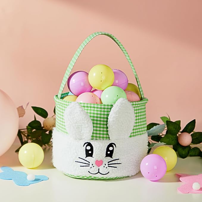 CHOIEO Plush Easter Baskets with Embroidered Bunny Face for Egg Hunts, Gifts, Toys and Spring Decor (Blue+Green)