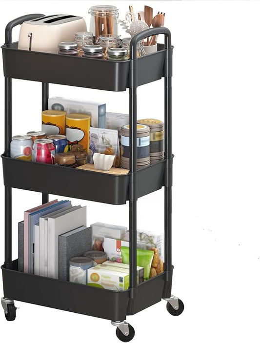Sywhitta 3-Tier Plastic Rolling Utility Cart with Handle, Multi-Functional Storage Trolley for Office, Living Room, Kitchen, Movable Storage Organizer with Wheels, Black