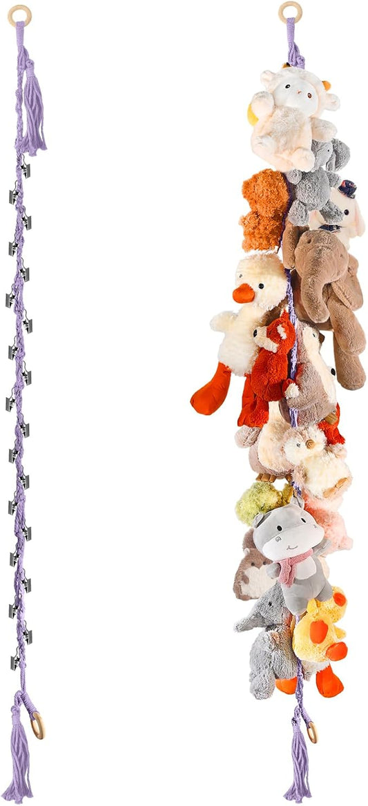 80" Cotton Hanging Storage Chain for Stuffed Animals Storage with 40 Metal Clips, Stuffed Animal Organizer Chain for Wall Corner Nursery Play Room, Purple