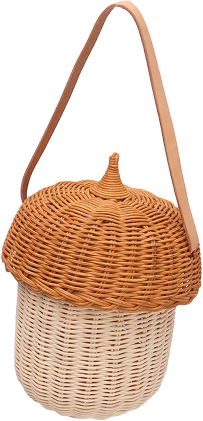 Rattan Storage Basket, Hand Woven Decorative Acorn Shaped Basket Bag Photography Props Decorative Basket for Boys Girls (Large Handbag)