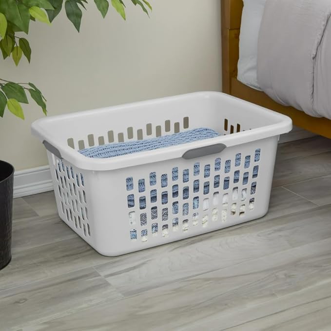 2 Bushel Large Plastic Laundry Basket with 4 Comfort Grip Handles, White - Durable, Lightweight, Spacious Laundry Storage for Home, Dorm, and Apartments
