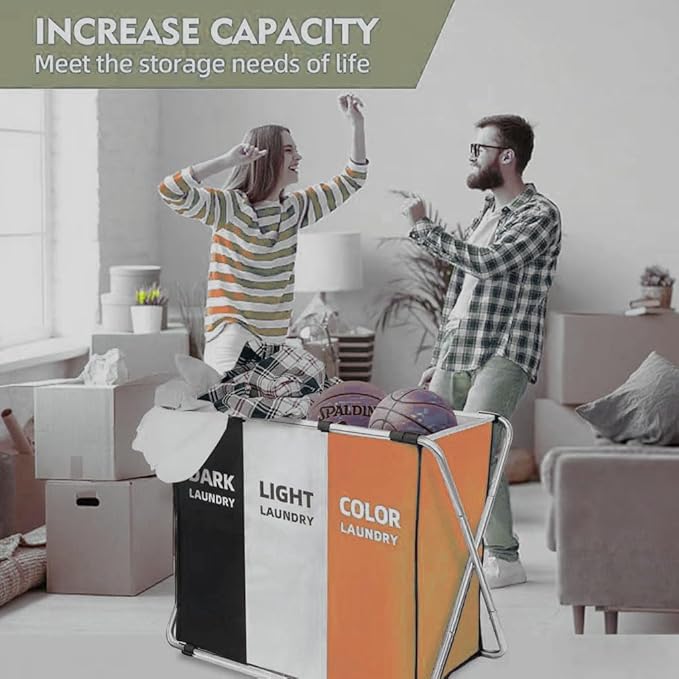 150L Laundry Cloth Hamper Sorter Basket Bin Foldable 3 Sections with stainless steel Frame Washing Storage Dirty Clothes Bag for Bathroom Bedroom Home Storage Basket (Black+yellow+grey)