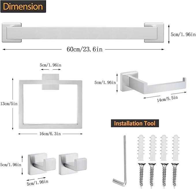 5 Piece Bathroom Towel Bar Set - SUS304 Stainless Steel Bath Towel Holder, 23.6 Inch Towel Racks for Bathroom Wall Mounted, Bathroom Hardware Accessories Set - Brushed Nickel