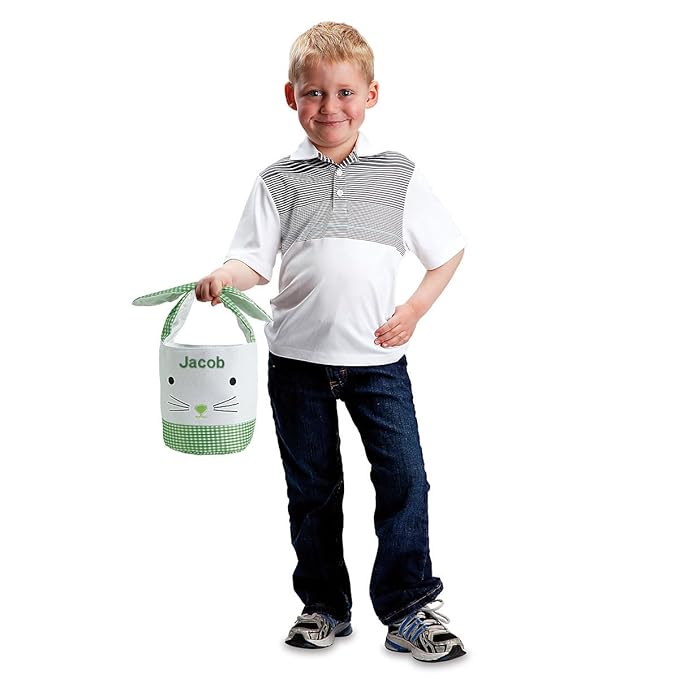 Lillian Vernon Personalized Kids Green Gingham Easter Bag - 10" Diameter x 10.5"Tall, 100% Polyester Easter Basket, Add Initials or a Name, Easter Treat Bag