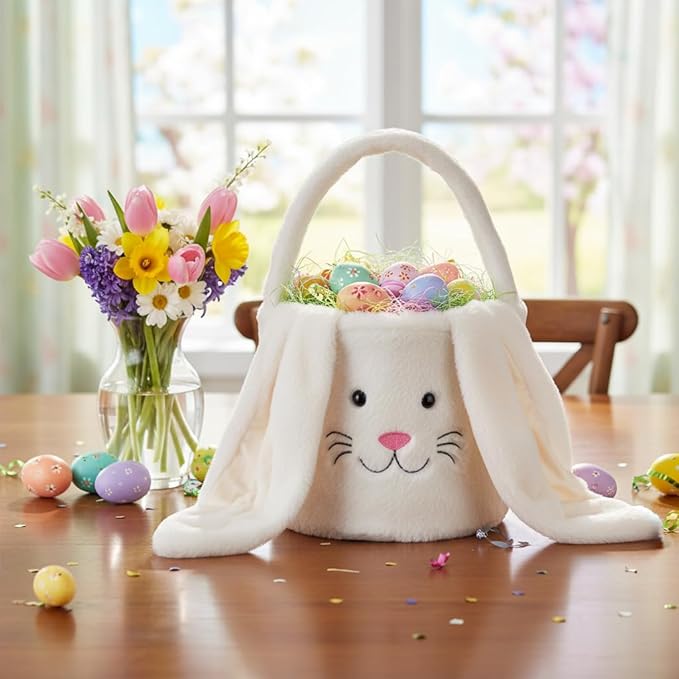 Plush Easter Bunny Basket,Soft Bunny Easter Bucket for Egg Hunt and Candy,Easter Decorations Party Favors Gifts Storage (Plush-White)