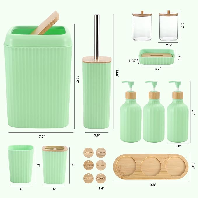 Green Bathroom Accessories Set 17PCS Bathroom Set with Trash Can 3PCS Lotion Soap Dispenser, Toothbrush Holder, 6PCS Wood Tags Bath Accessories with Tray for Kitchen Bathroom